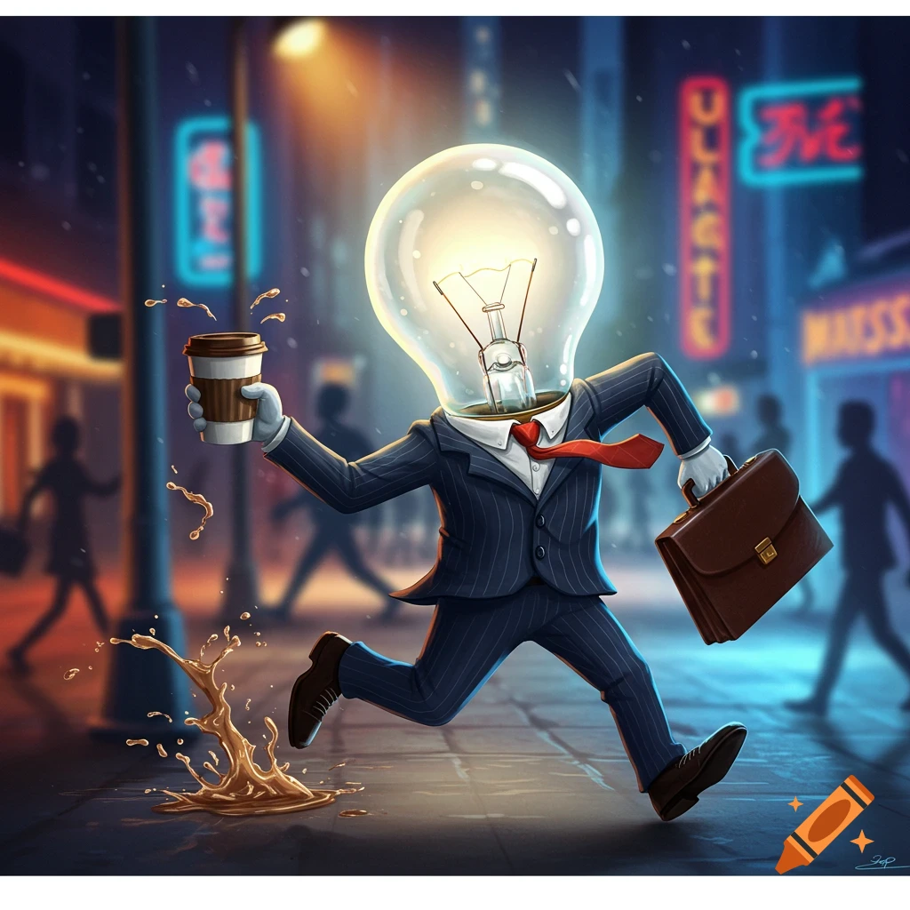 Cartoon light bulb man in a suit running late on a city street, spilling coffee while carrying a briefcase.