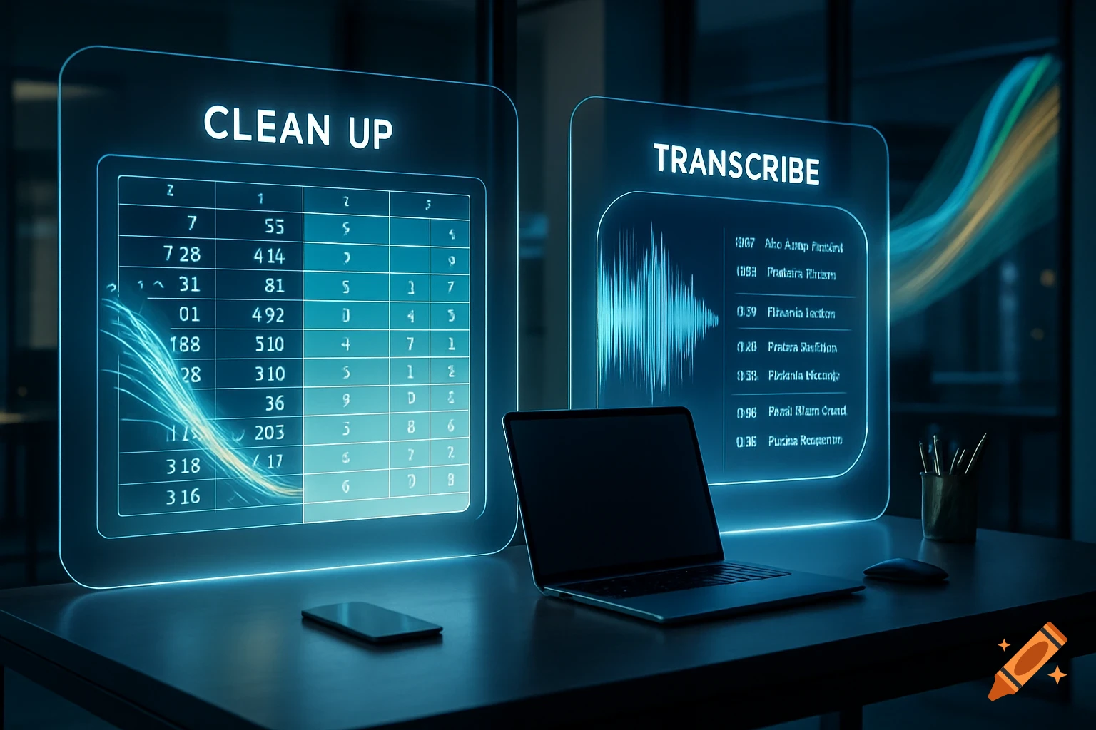 A futuristic desk setup with a laptop, smartphone, and two glowing holographic screens. One screen is titled 'CLEAN UP' and displays a data table. The other is titled 'TRANSCRIBE' and shows an audio waveform and a list of transcribed items.