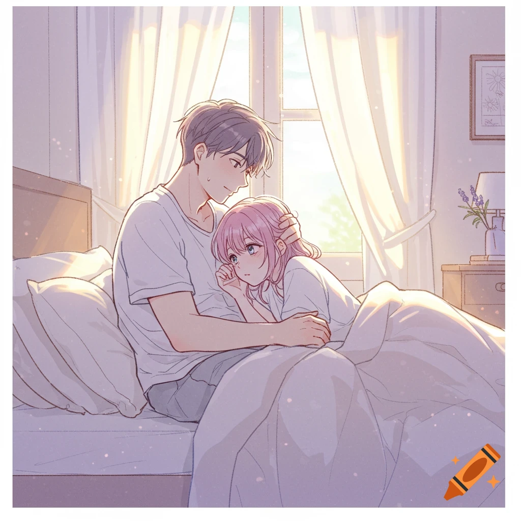 Anime couple cuddling in bed in a sunlit bedroom.