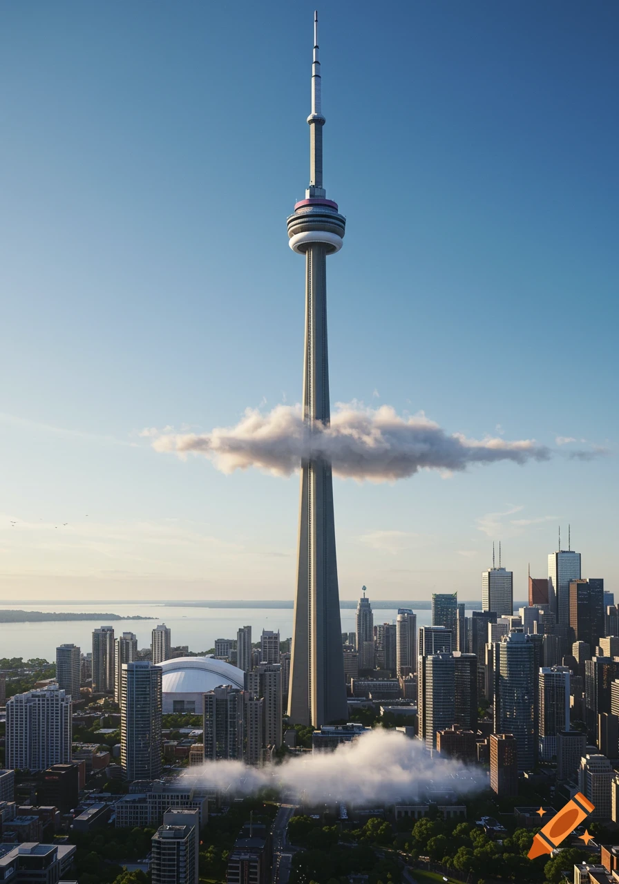 Photorealistic view of the CN Tower rising above a cloud bank, surrounded by a city skyline and water.