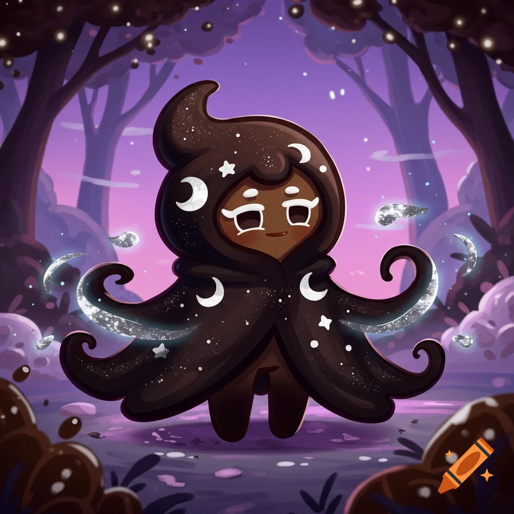 A cute, dark gingerbread cookie character in a hooded cloak adorned with stars and moons, surrounded by sparkling magic in a magical purple forest.