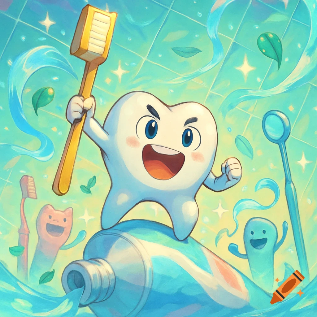 Cartoon tooth character holds a toothbrush, standing on a toothpaste tube, with dental tools in an anime art style.