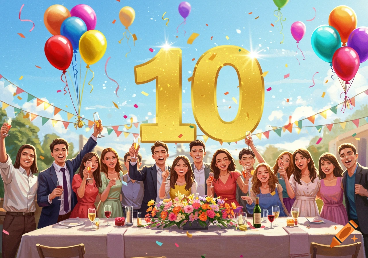 Vibrant illustration of a group of happy people celebrating outdoors with large golden number '10', colorful balloons, and confetti.