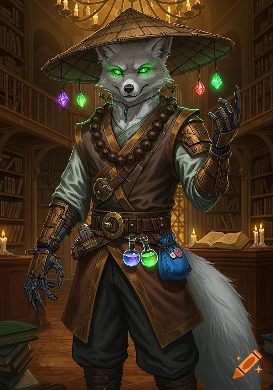 Anthropomorphic white fox character with glowing green eyes, a straw hat with gems, and a steampunk prosthetic arm, standing in a detailed library.