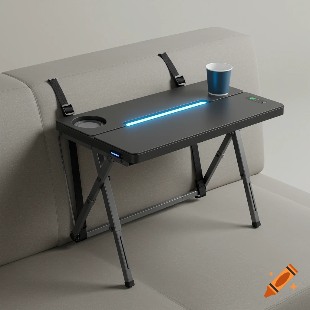 A black foldable table with a blue LED strip light and a cup holder attached to a grey couch, with a blue cup on it.