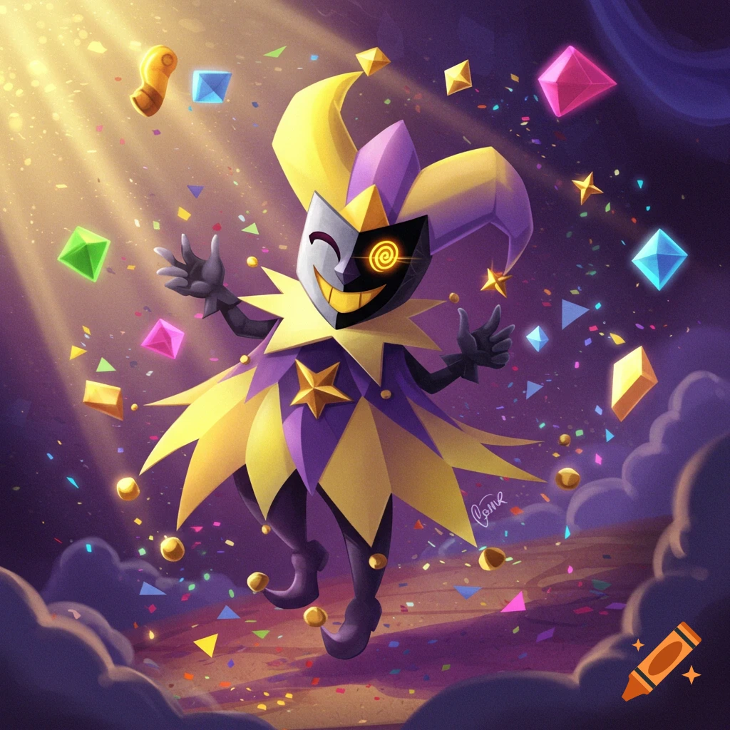 A cartoon jester character with a half-white, half-black mask and a purple and yellow outfit, stands amidst glowing confetti and gems.