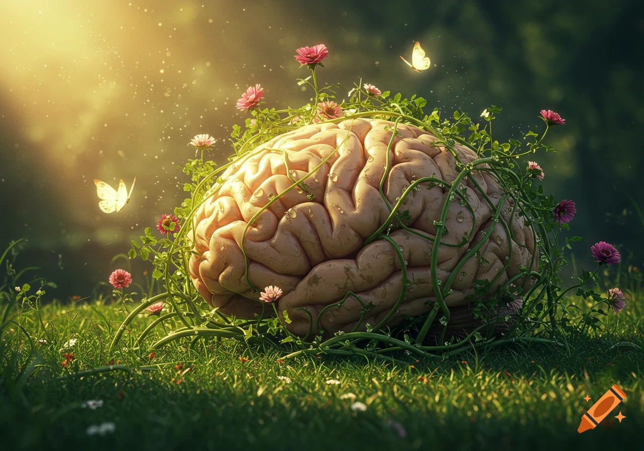 A human brain covered in green vines and pink flowers sits in green grass with butterflies and sunrays.