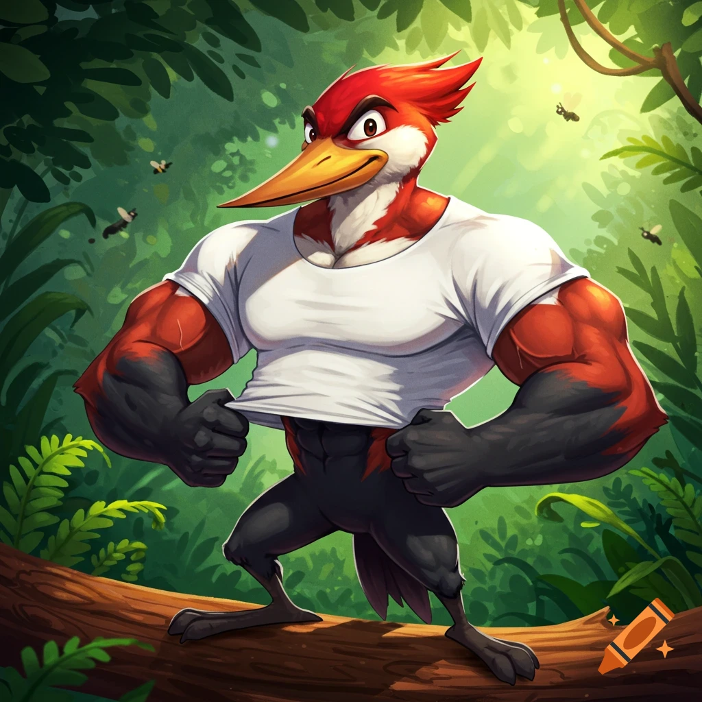 A muscular cartoon woodpecker in a white t-shirt stands on a log in a lush jungle.