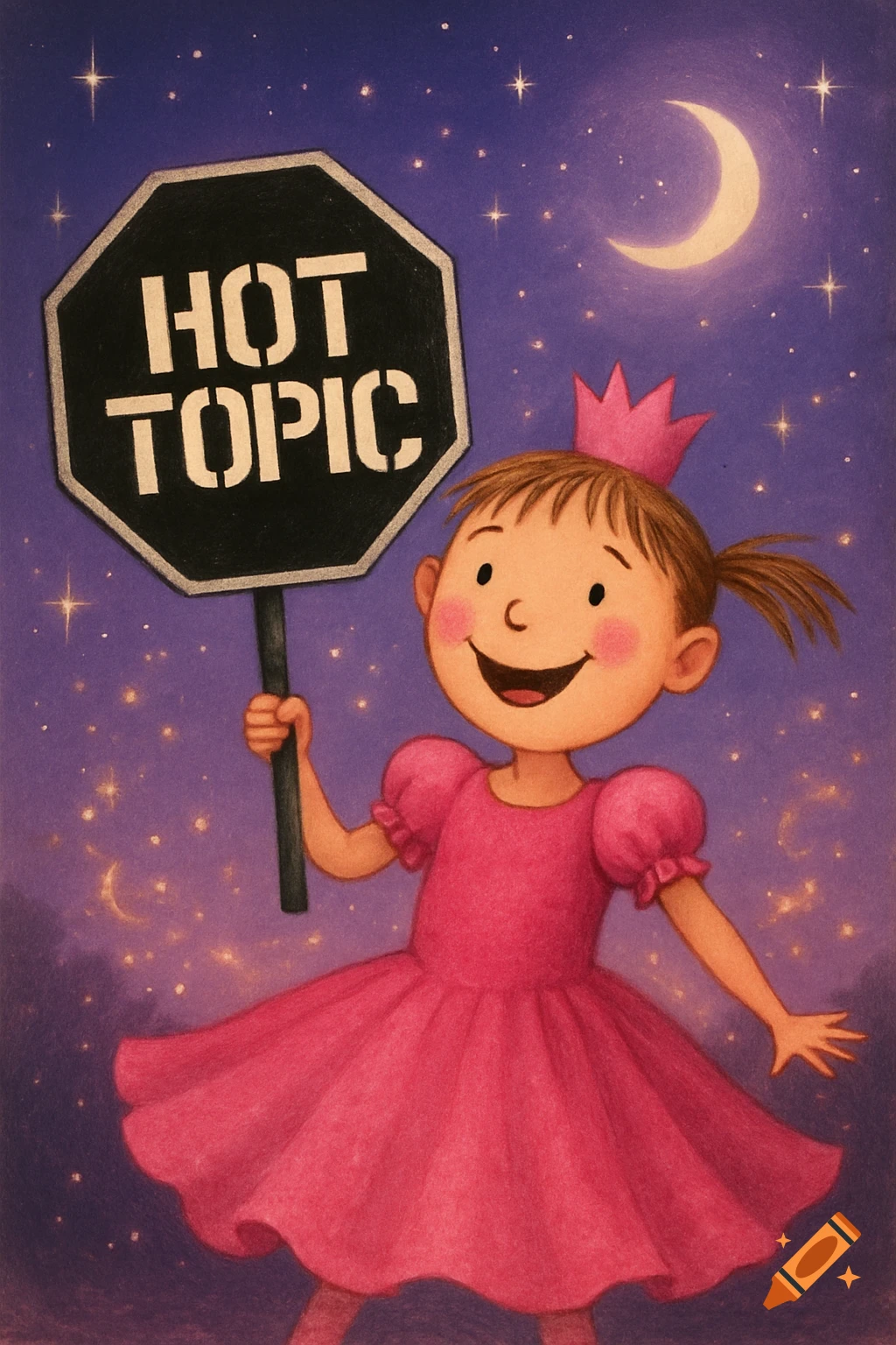 A cartoon girl in a pink dress and crown holds a black stop sign with 'HOT TOPIC' written on it, against a starry night sky with a crescent moon.