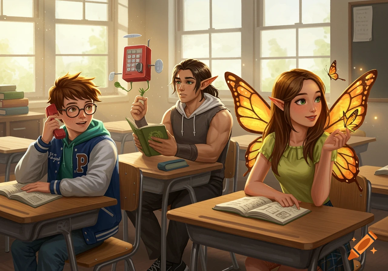 Three fantasy students in a bright classroom: a boy on a red floating phone, an elf boy reading a book, and a fairy girl with butterfly wings admiring a butterfly.