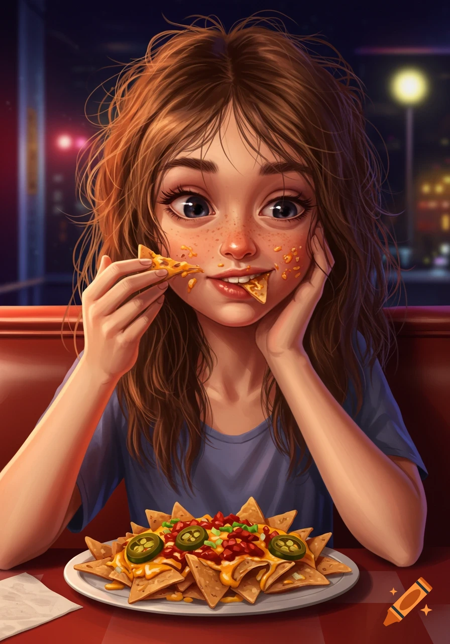 Digital illustration of a young girl with messy hair eating nachos at a restaurant booth at night, with food on her face.