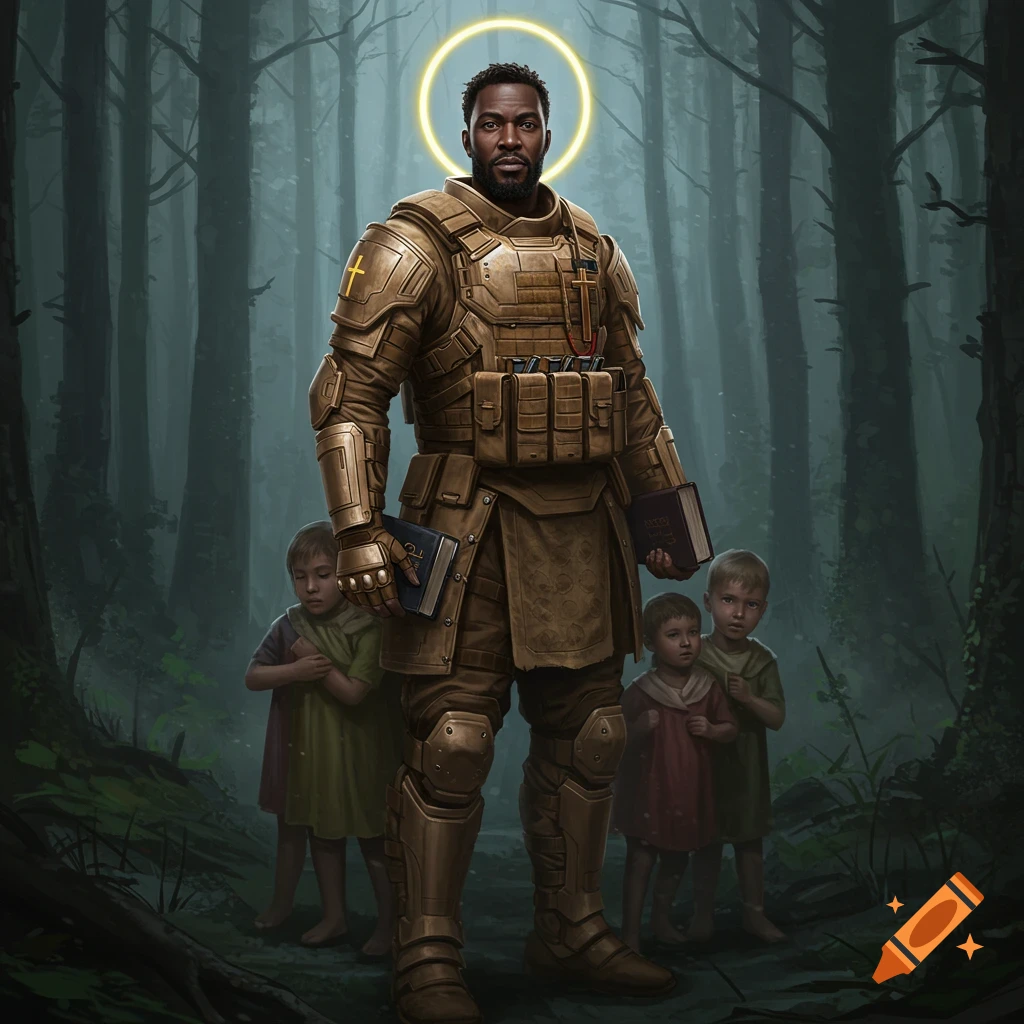 A man in golden armor and a halo stands protectively in a dark forest with four children behind him, holding bibles. Realistic, painterly style.