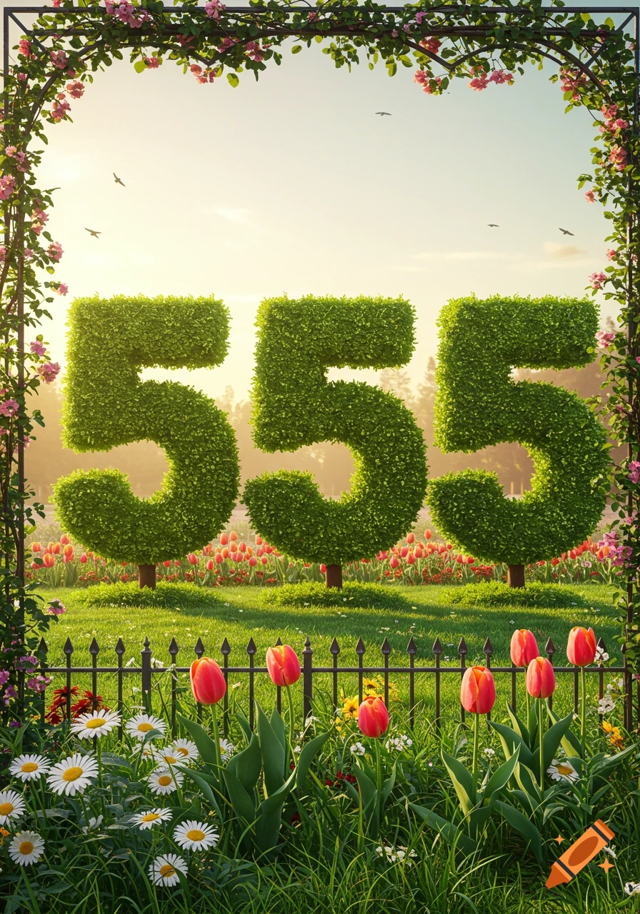 A vibrant garden scene featuring large green topiary numbers '555' amidst blooming red tulips and white daisies, framed by a floral archway.