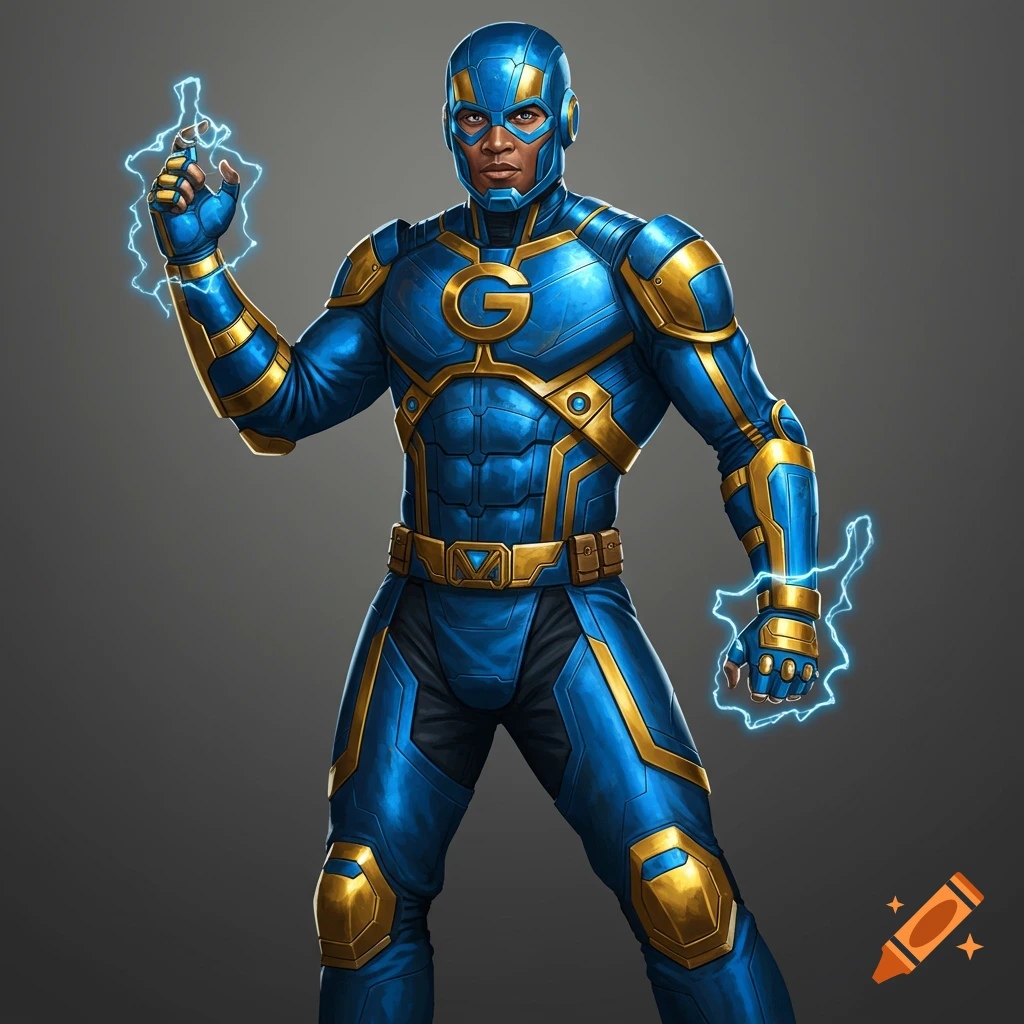 A male superhero in a blue and gold armored suit with a 'G' emblem, generating electricity from his hands.