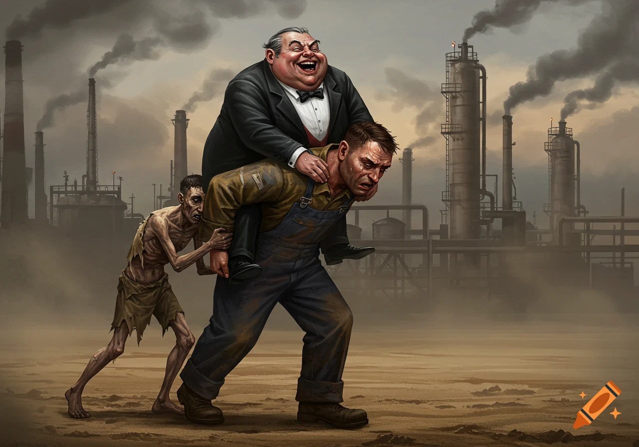 A fat, laughing man rides on a struggling worker's back, who also drags a skeletal man, amidst a smoky industrial refinery.
