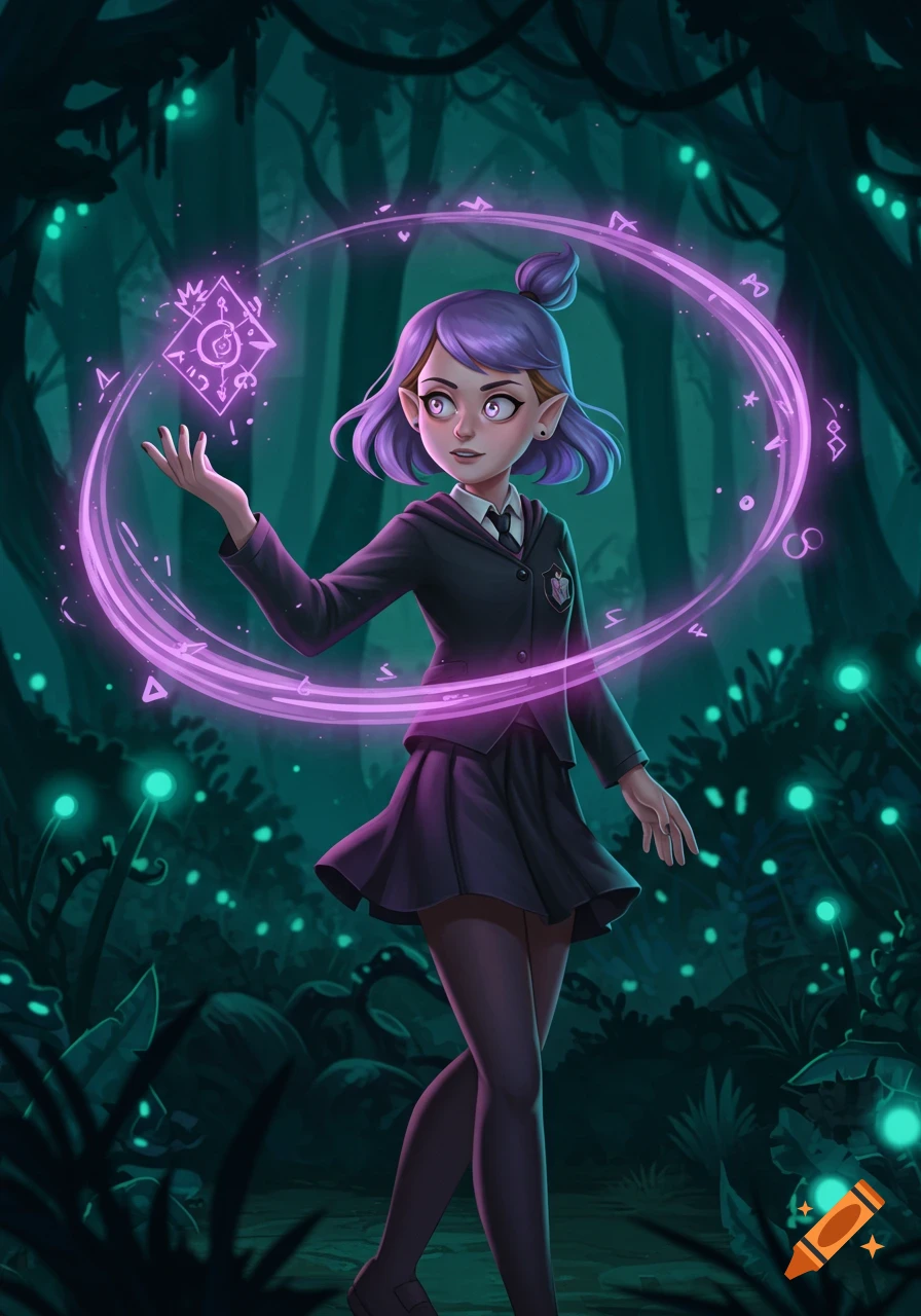 A stylized illustration of a girl with purple hair and pointy ears, wearing a school uniform, casting a magic spell with glowing purple runes in a dark, mystical forest.