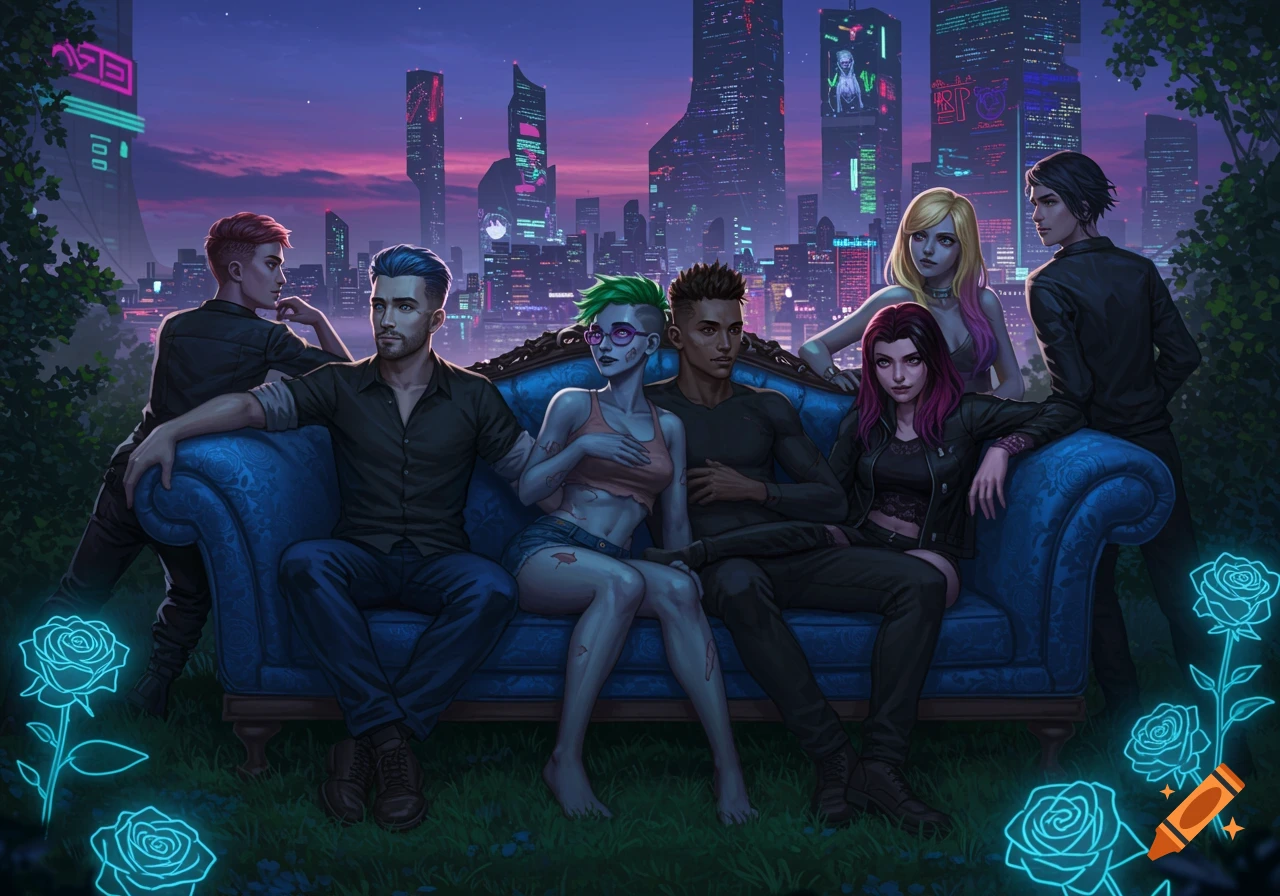 A diverse group of seven young people, including a zombie-like woman, pose on a blue couch in a lush, grassy area with glowing blue roses in the foreground, overlooking a neon-lit cyberpunk city at night under a purple sky. The art style is digital illustration.