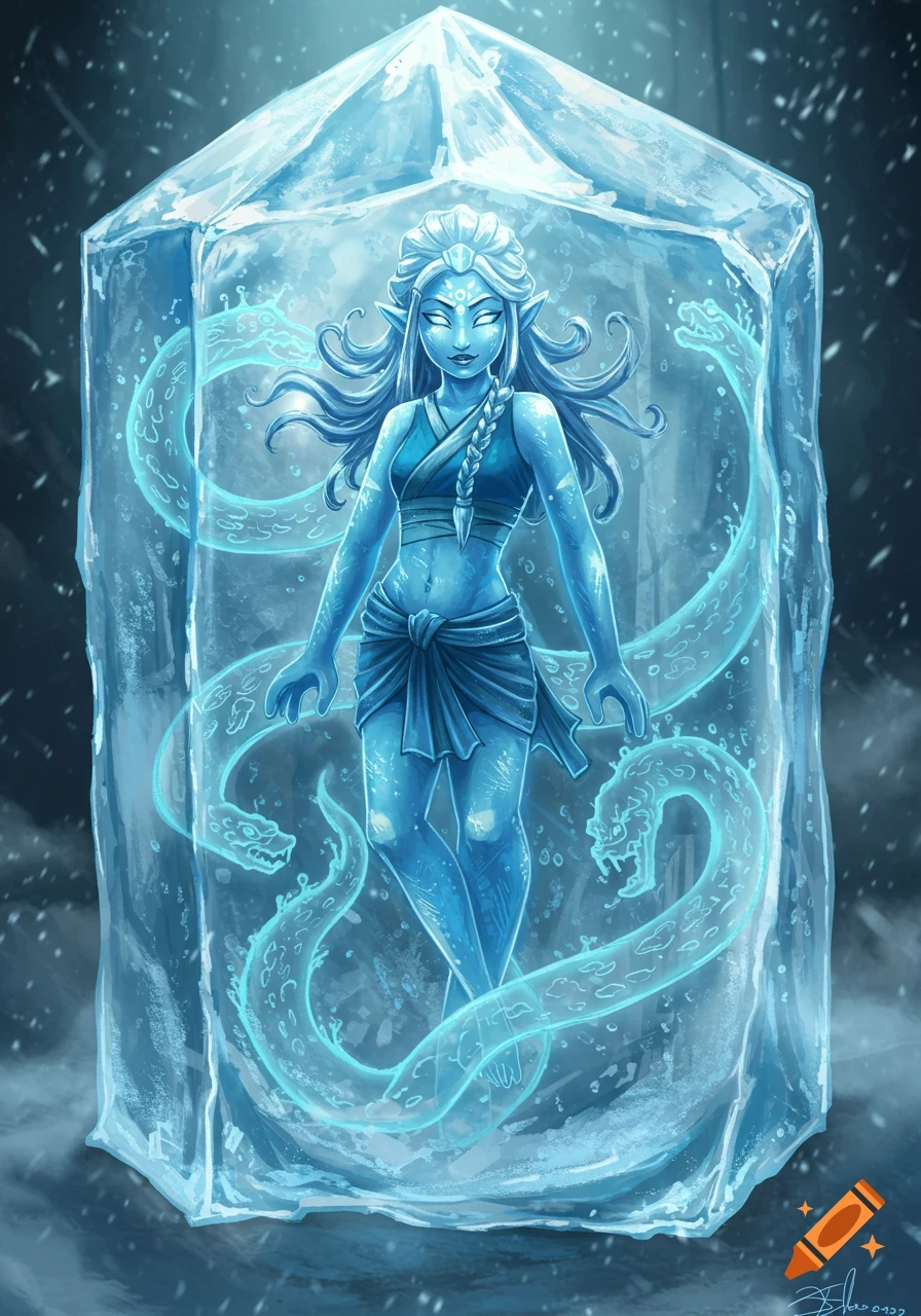An elf-like character with glowing eyes encased in a large block of ice with glowing blue serpents, in a cold fantasy setting.