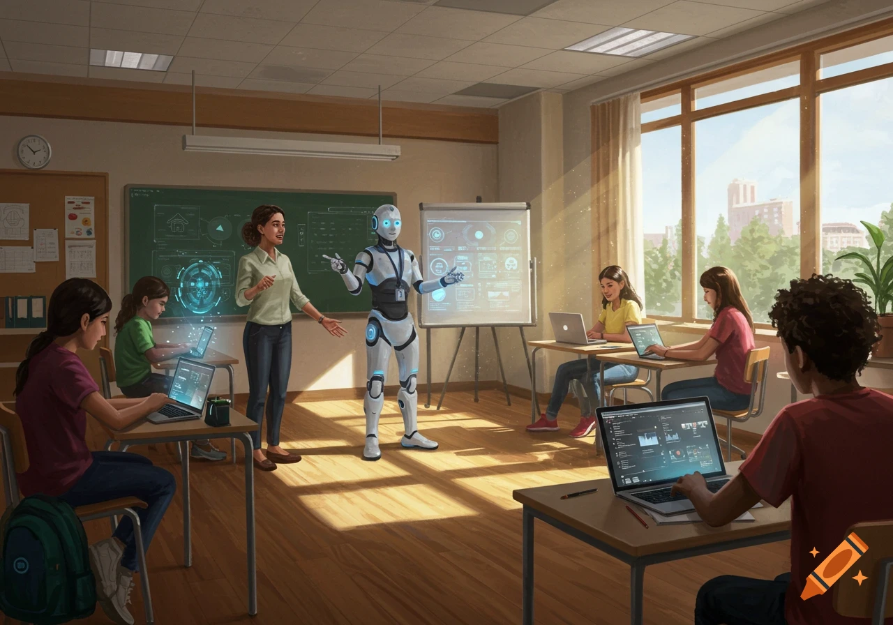 A human teacher and a humanoid robot teaching students in a bright classroom with laptops and interactive screens.