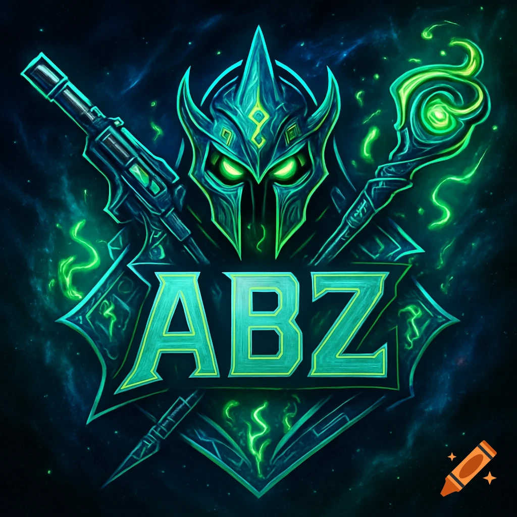 Stylized gaming logo featuring a helmeted figure with glowing green eyes, a futuristic rifle, a magic staff, and the text ABZ against a cosmic background.