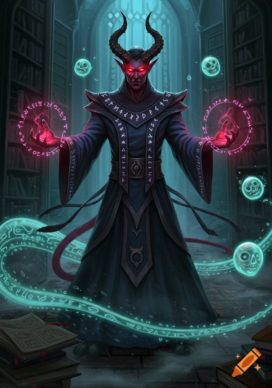 A horned, red-eyed sorcerer in dark robes casts magic with glowing hands and turquoise magical symbols in a dim library, digital art.