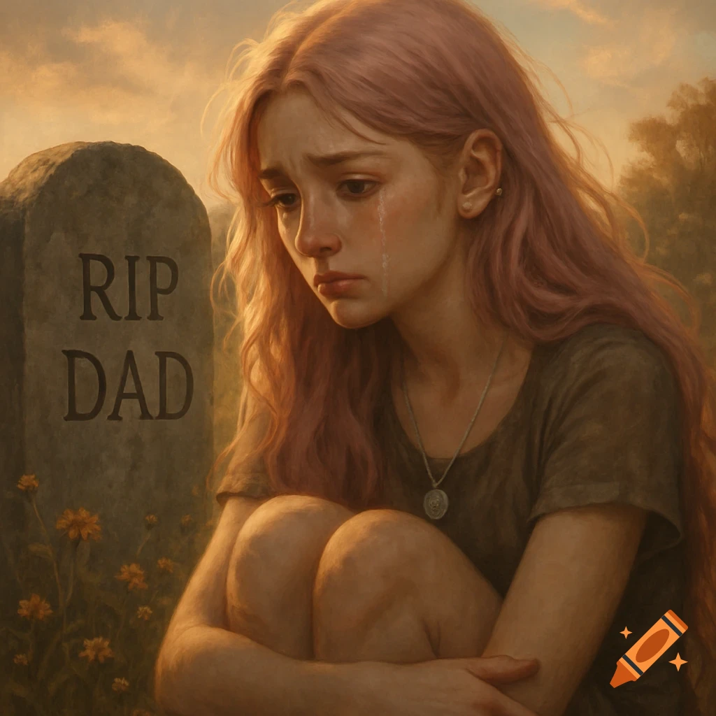 A young woman with pink hair sits crying by a gravestone that reads 'RIP DAD' in a cemetery at sunset, in a realistic painted style.