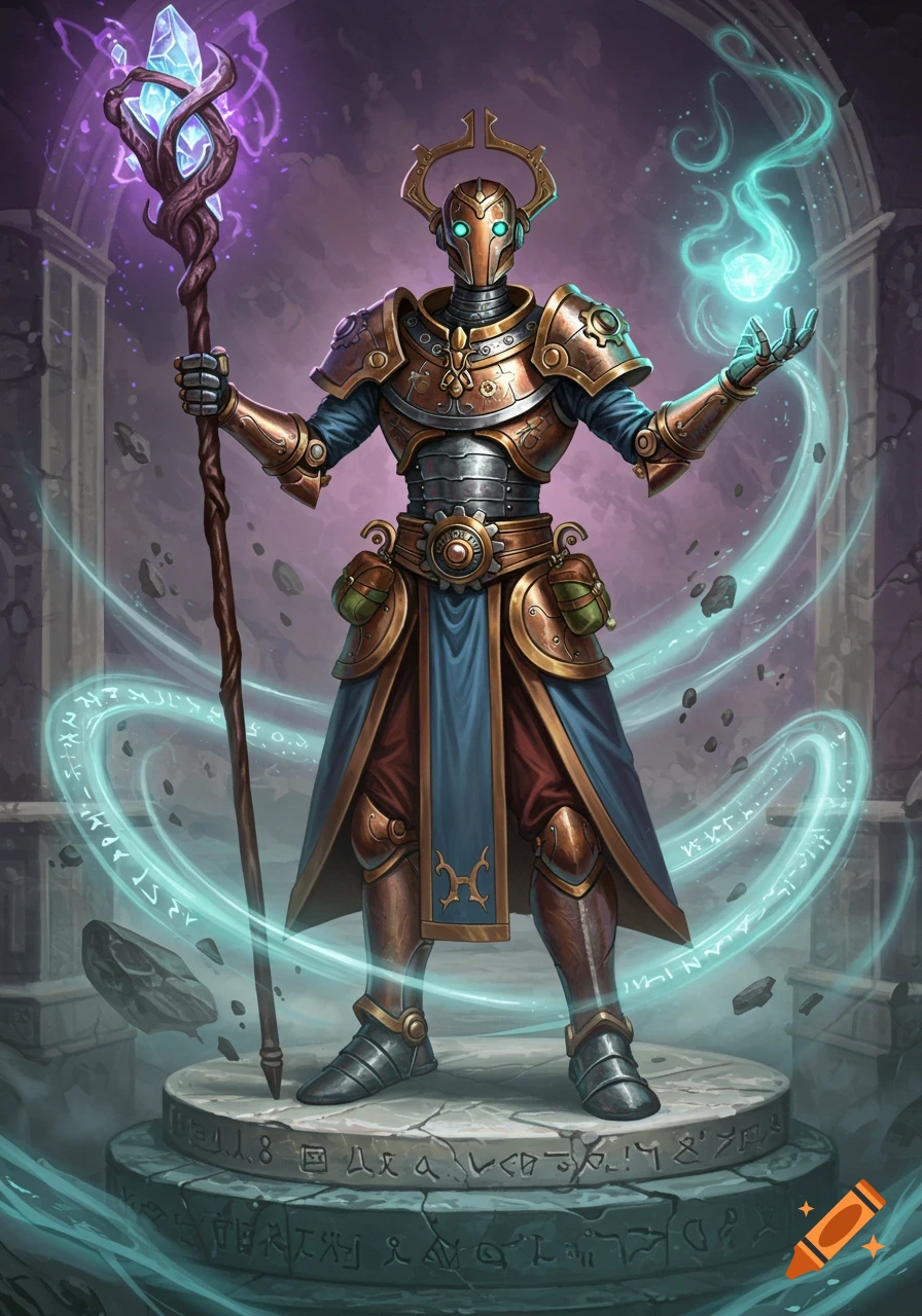 A detailed illustration of a warforged clockwork soul sorcerer in bronze and steel armor, wielding a crystal staff and casting a spell, standing on an ancient stone pedestal with runes.