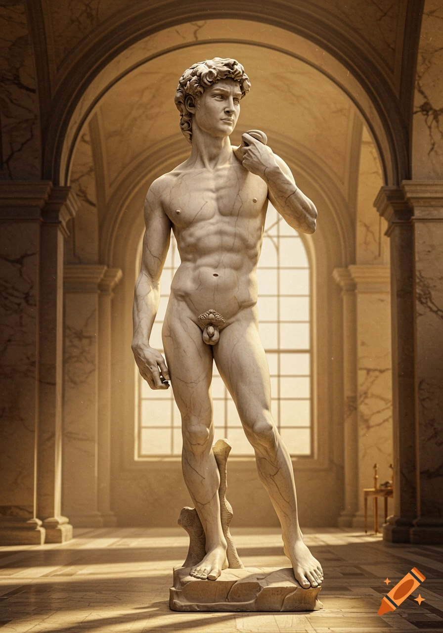 A full shot of Michelangelo's David statue in a sunlit classical hall with arched windows.