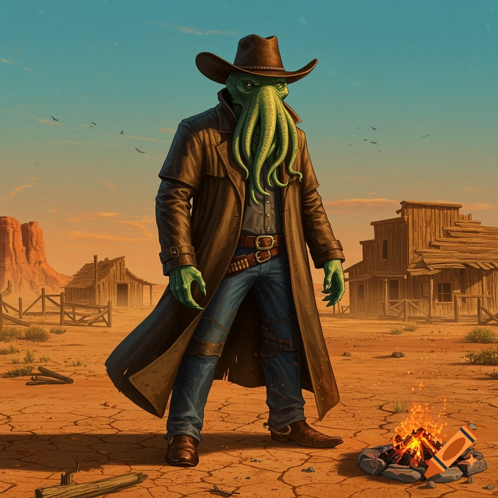 A creature with a tentacled green head, wearing a brown cowboy hat and duster coat, stands in a cracked desert with a campfire.