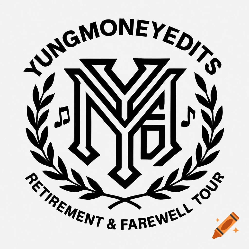 Black and white logo with YM monogram, laurel wreath, and text 'YUNGMONEYEDITS Retirement & Farewell Tour'.