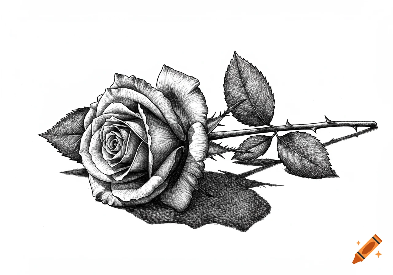 A detailed black and white sketch of a rose with leaves and thorns, casting a shadow.