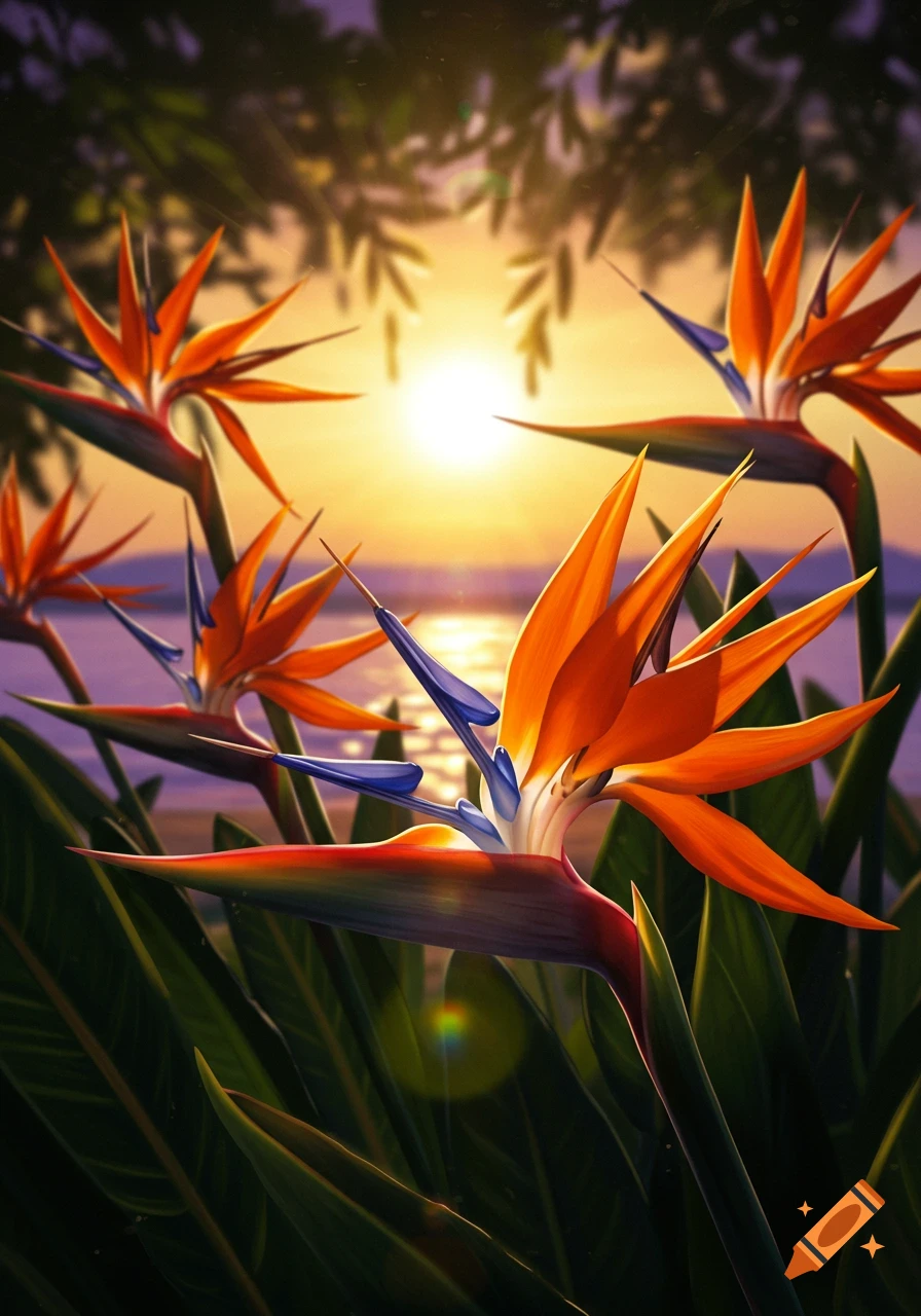 Vibrant orange and blue bird of paradise flowers against a glowing sunset over water.