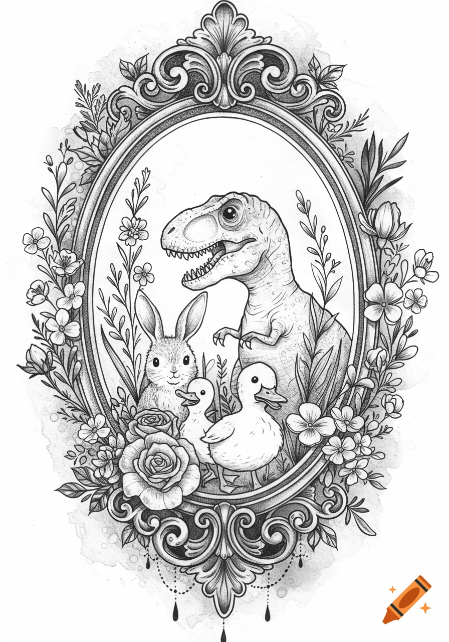 Black and white illustration of a T-rex, bunny, and two ducklings framed by an ornate oval border with flowers and leaves.