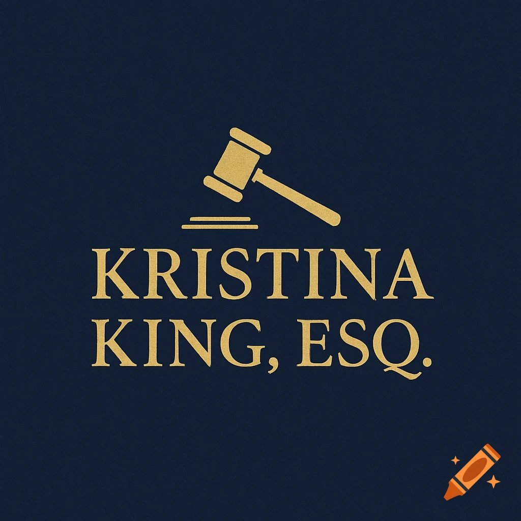 A gold gavel icon above 'KRISTINA KING, ESQ.' text on a dark blue background, forming a law firm logo.