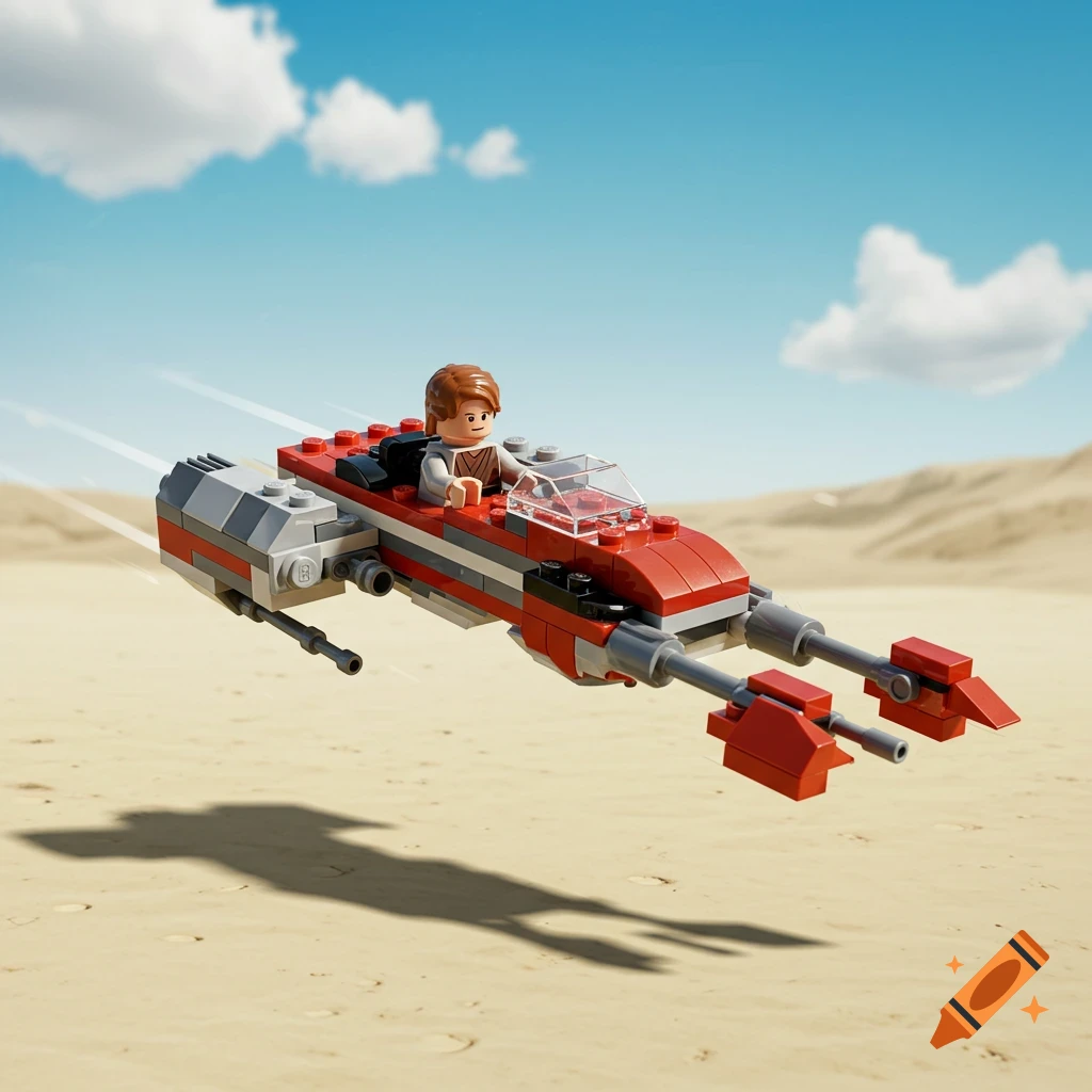 Lego Anakin Skywalker in a red speeder flying over a desert landscape under a blue sky.
