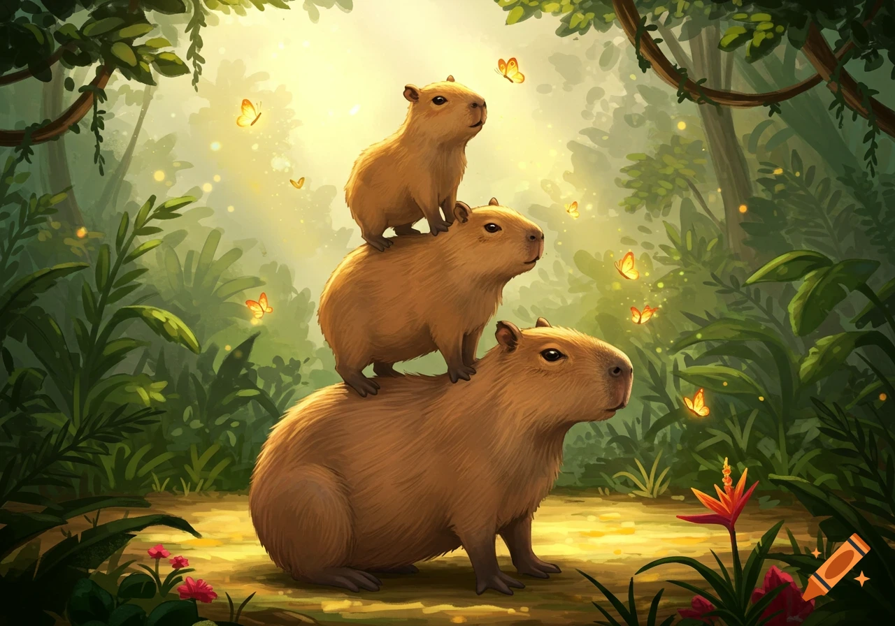 Three capybaras stacked in a lush, sunlit jungle with glowing butterflies, in a whimsical illustration style.