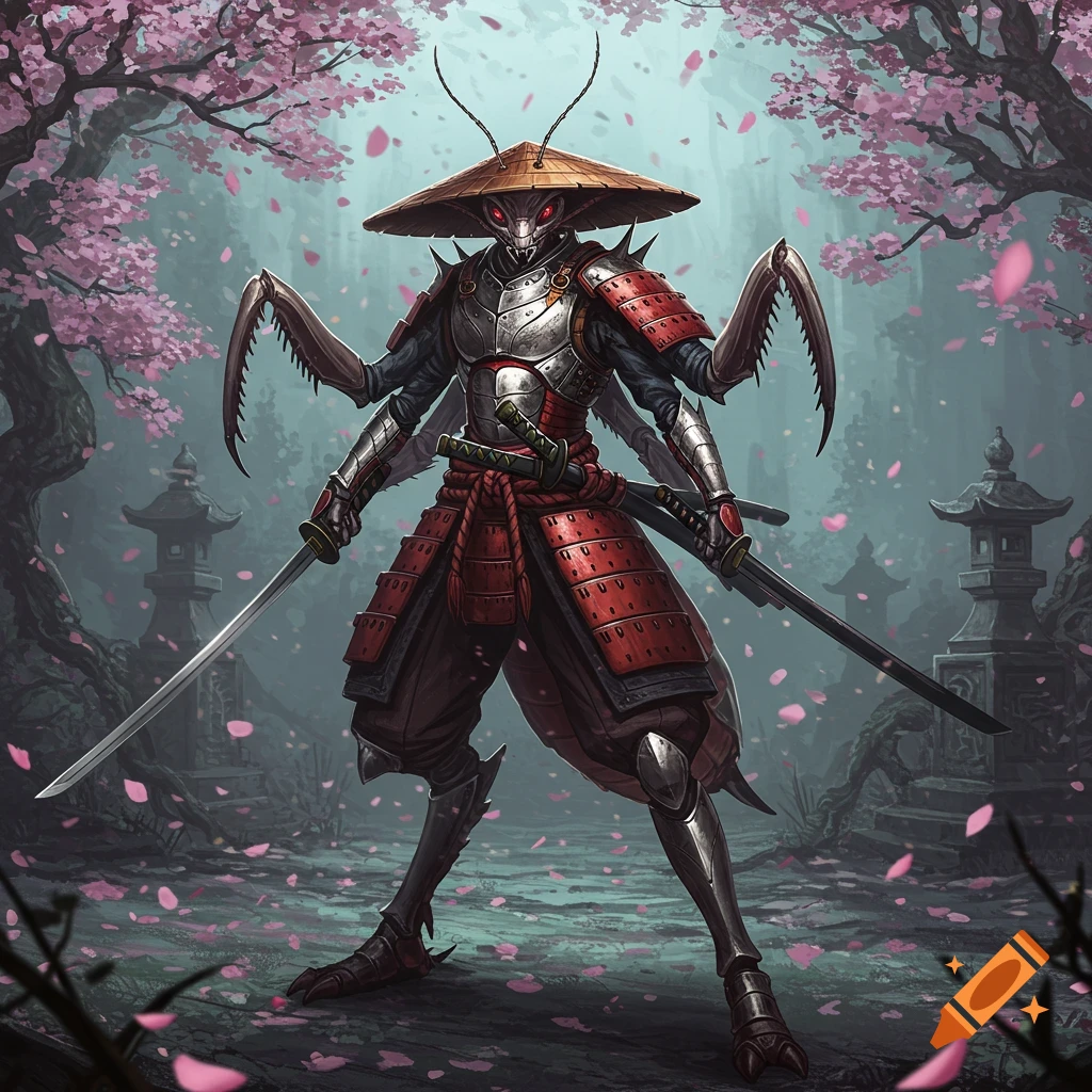 A fantasy mantis-humanoid samurai in red armor with glowing red eyes, dual-wielding katanas in a cherry blossom forest.