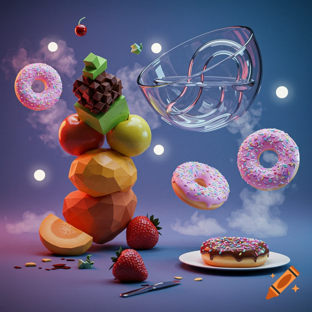 A surreal still life with geometric food, floating donuts, strawberries, and fruit, against a blue background with clouds and lights.