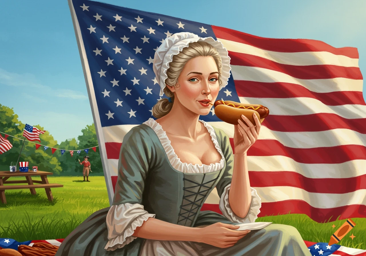 An illustration of a woman dressed as Betsy Ross eating a hot dog with a large American flag in the background at an outdoor picnic.