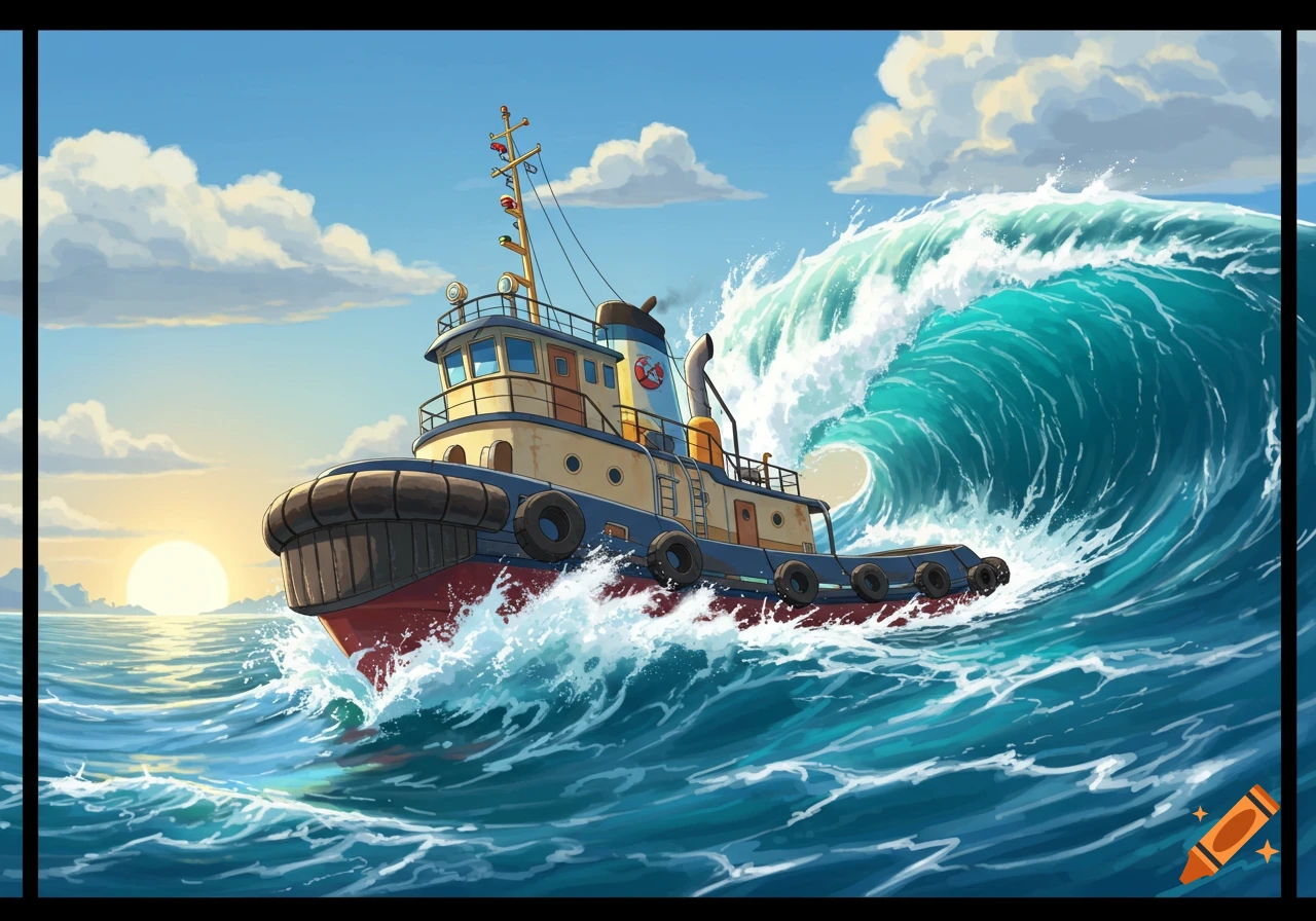 A cartoon tugboat rides large waves with a setting sun in the background, illustrated.