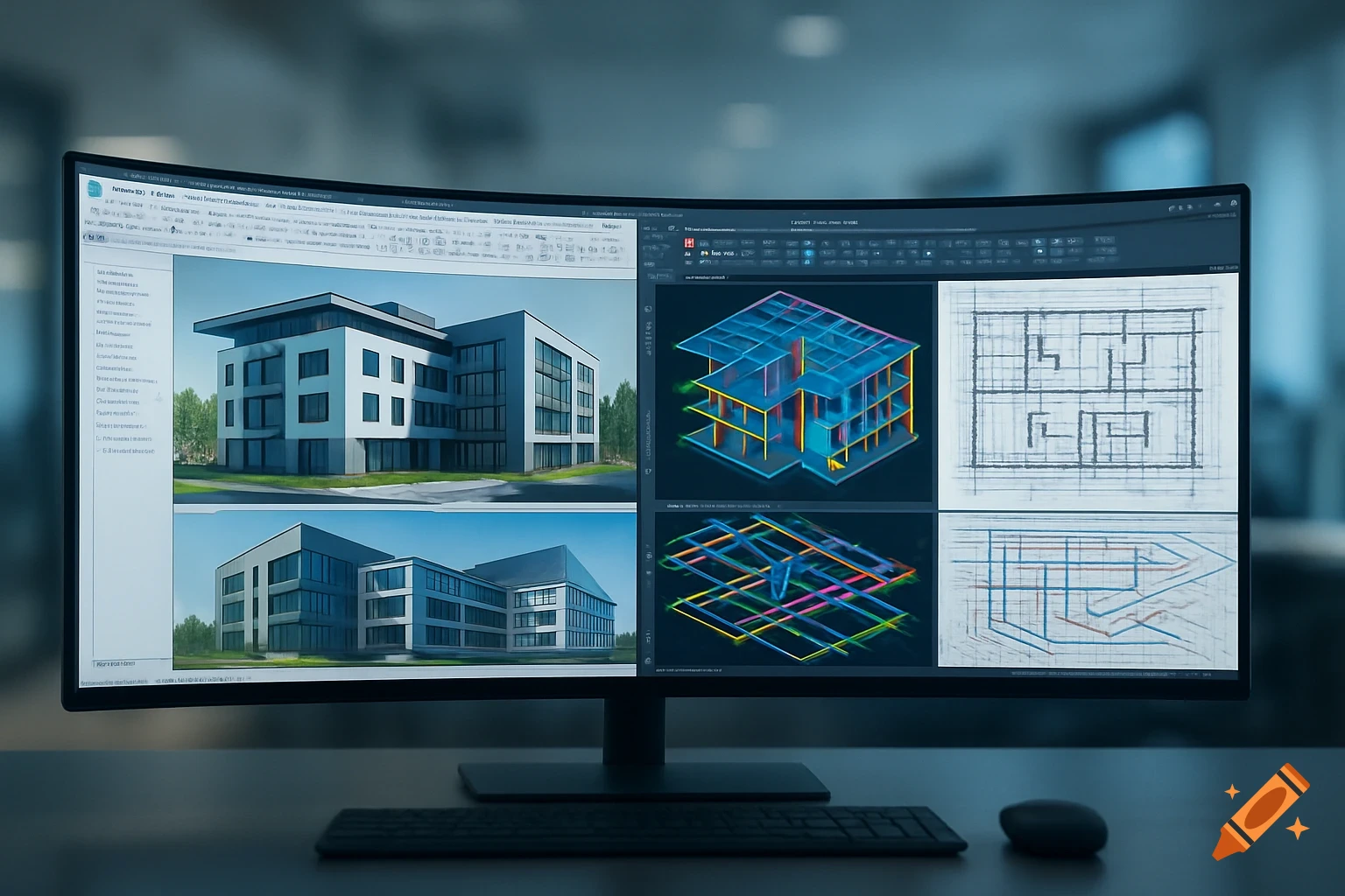 A curved ultrawide monitor displays architectural designs including 3D building models, 2D floor plans, and conduit routing views. A keyboard and mouse are on the desk.