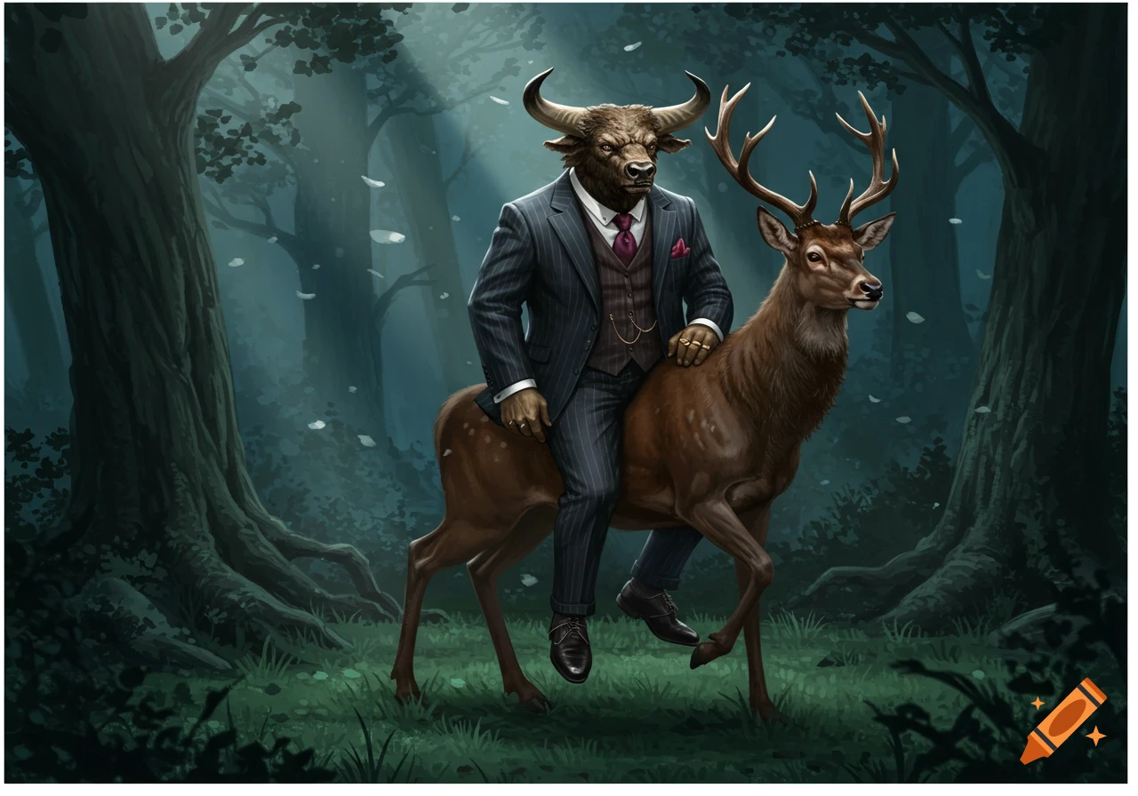 A detailed illustration of a bull-headed man in a pinstripe suit riding a deer through a dark, mystical forest.