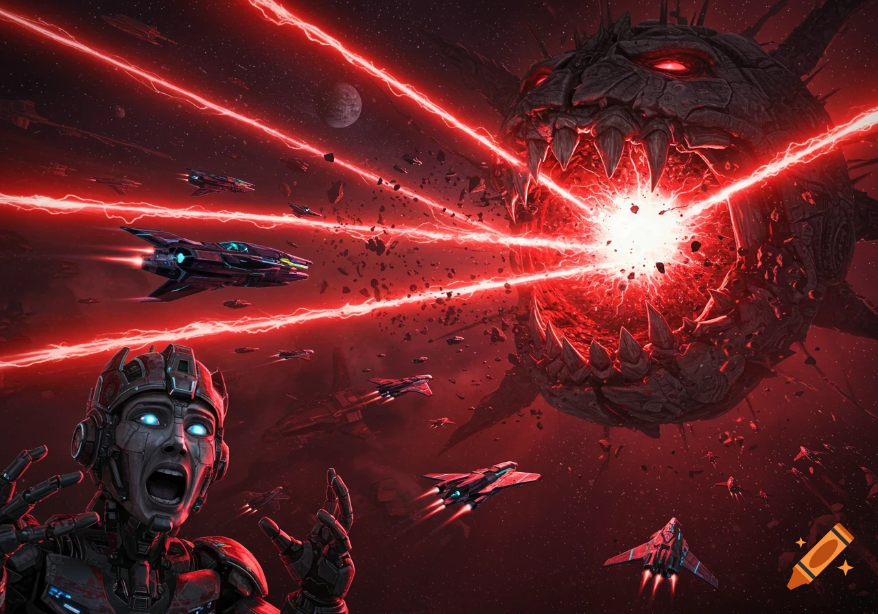 A monstrous planet with red eyes fires lasers, destroying another planet in a red-hued space battle. Spaceships flee, and a screaming robot watches.
