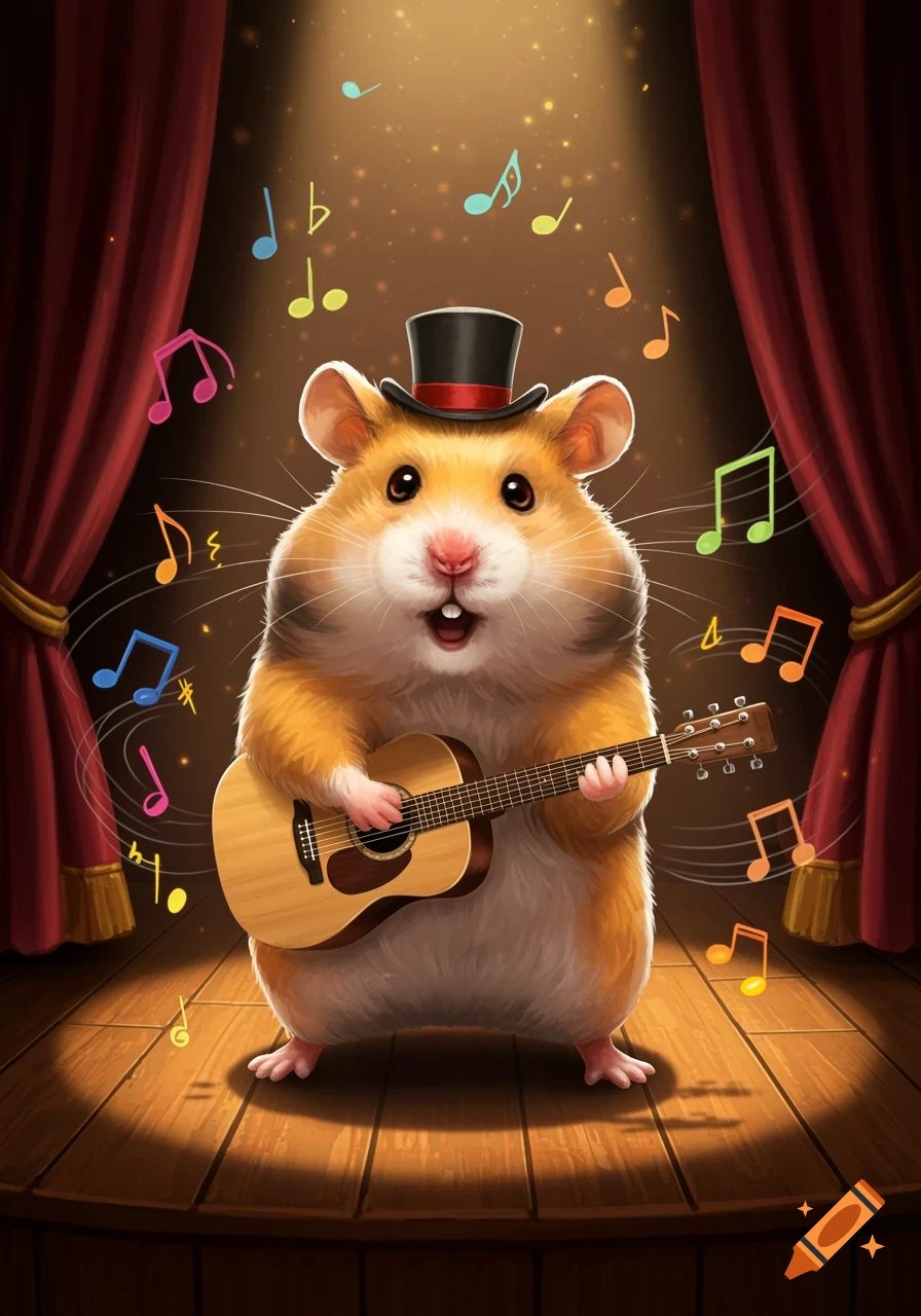A cute, fluffy hamster wearing a top hat plays an acoustic guitar on a spotlighted stage with red curtains and floating musical notes.