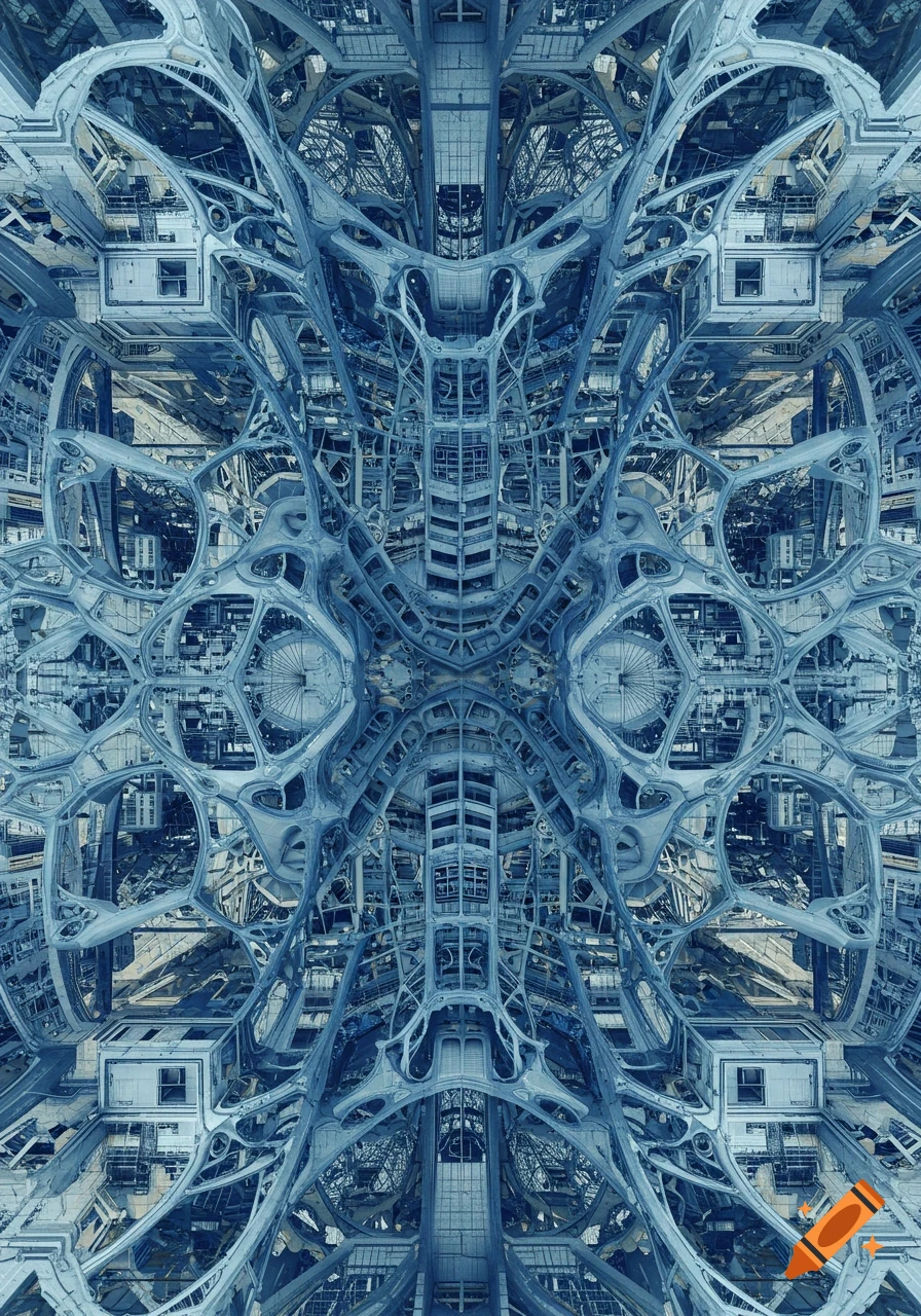 Intricate, abstract blue fractal structure resembling a complex building interior or organic network.
