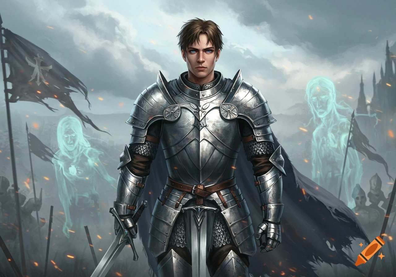 A knight in shining armor stands on a battlefield with ghostly figures and tattered flags under a stormy sky.