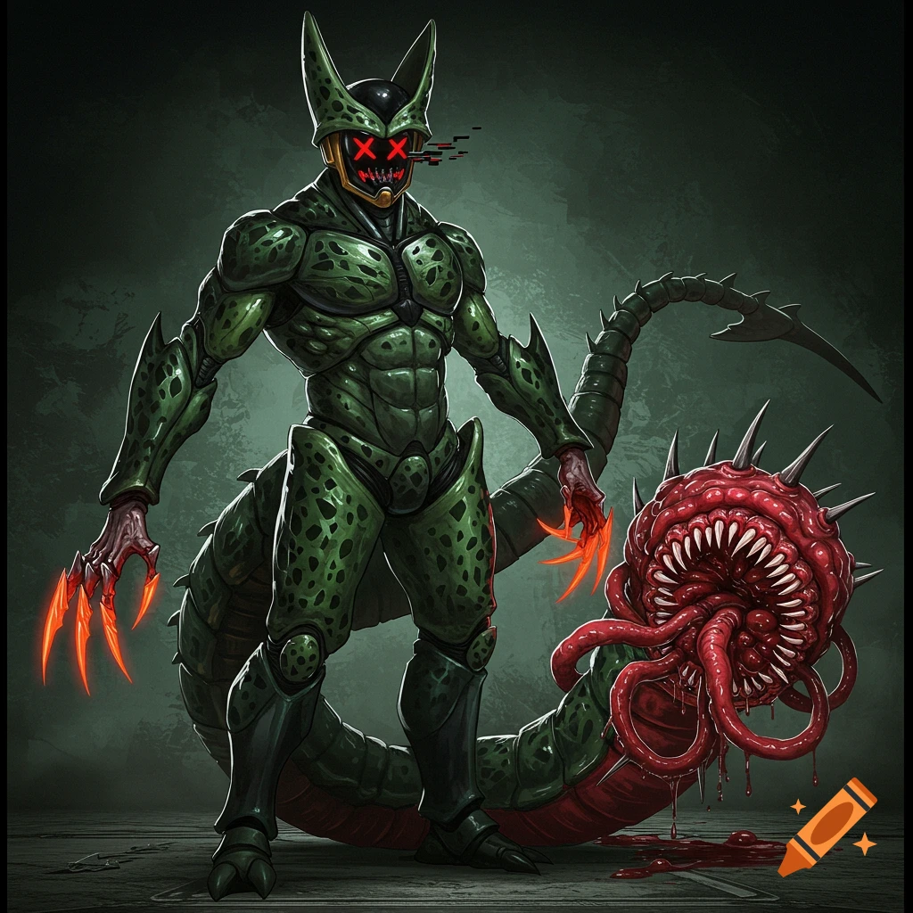 A muscular, green, Cell-like monster with glowing red X-eyes and sharp claws, standing next to a grotesque red maw with teeth and tendrils.