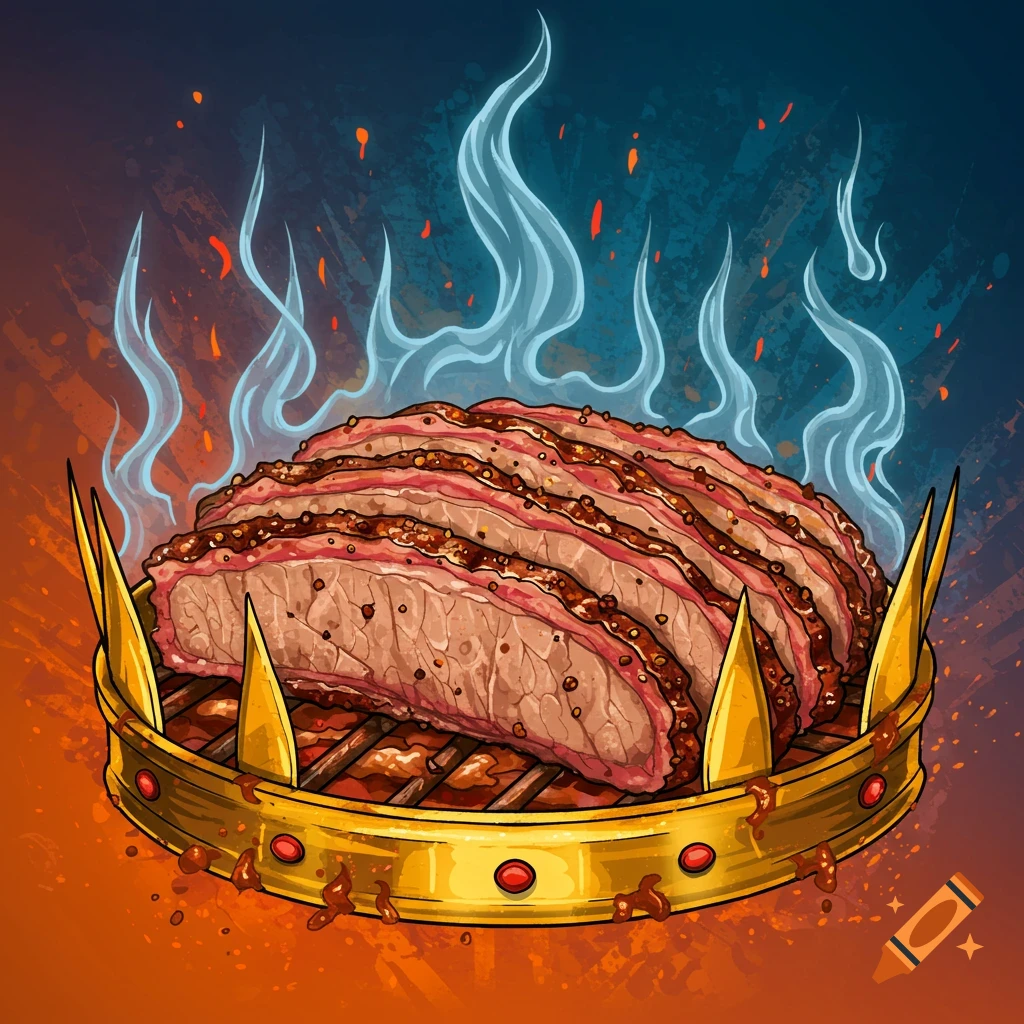 Stylized illustration of sliced smoked brisket on a golden crown, surrounded by blue smoke and orange fire.