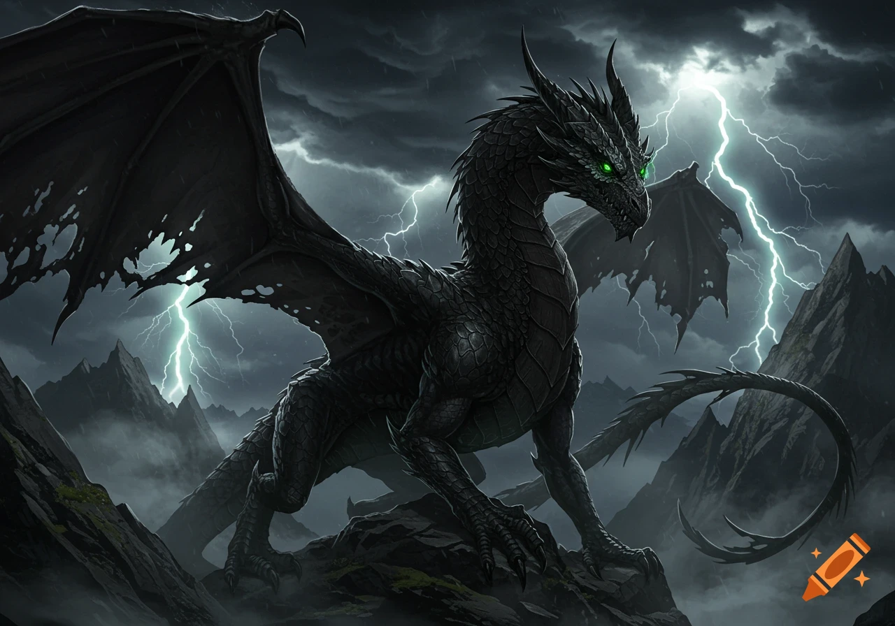 A majestic black dragon with glowing green eyes stands on a rock amid a stormy mountain landscape with lightning.