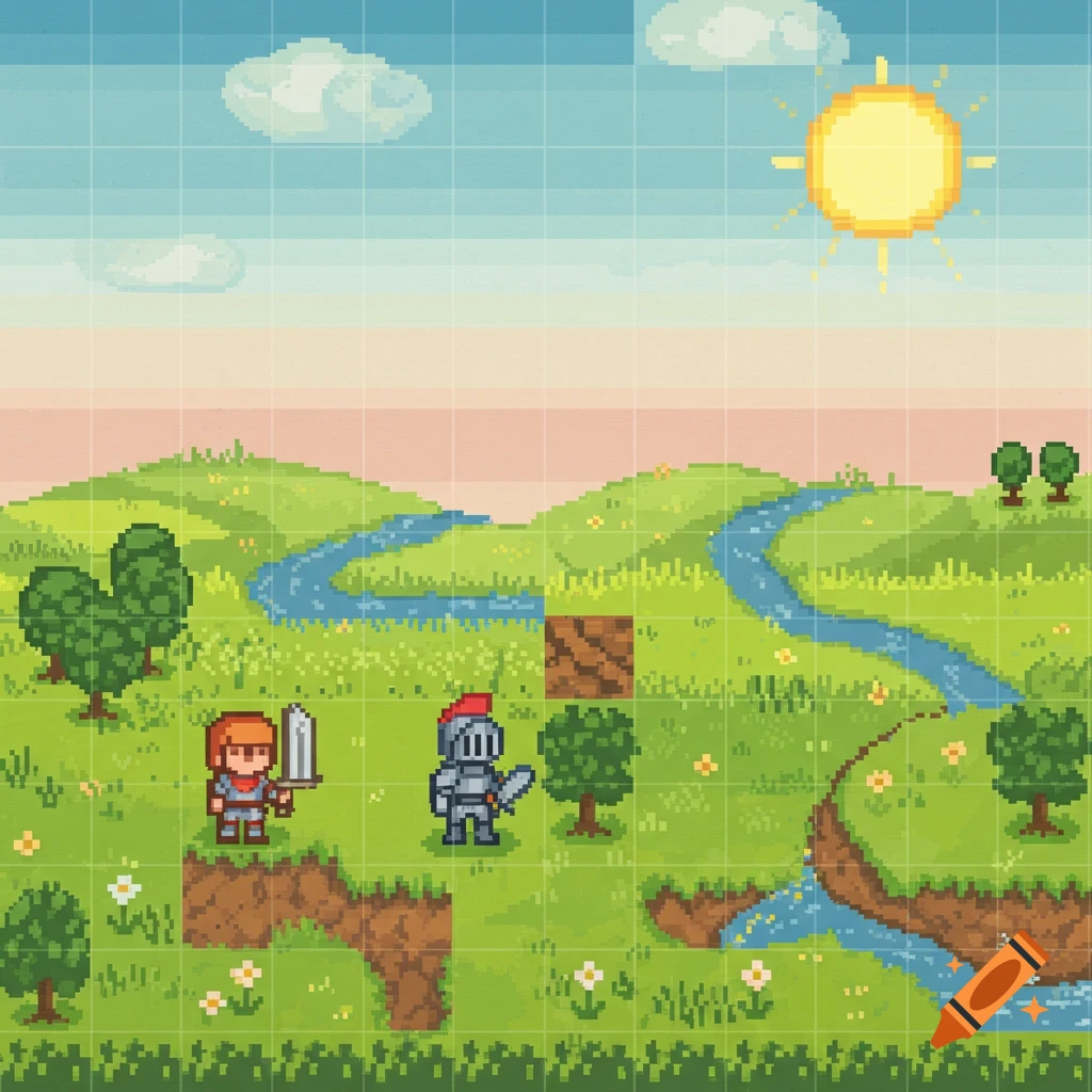 Pixel art landscape on a grid with green hills, a river, trees, a sun, and pixelated characters resembling a hero and a knight with swords.